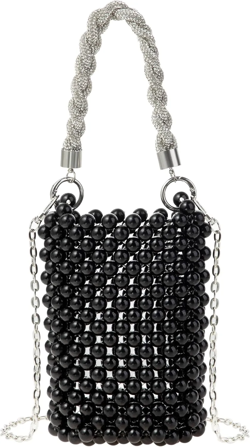 Acrylic Beaded Phone Bag with Detachable Metal Handle & Shoulder Strap Clutch Evening Bag for Wedding and Party