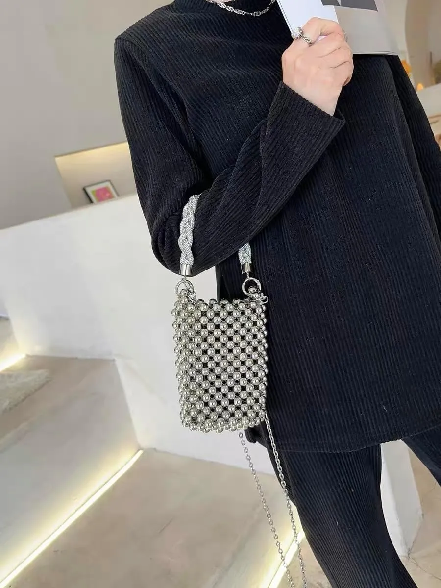 Acrylic Beaded Phone Bag with Detachable Metal Handle & Shoulder Strap Clutch Evening Bag for Wedding and Party