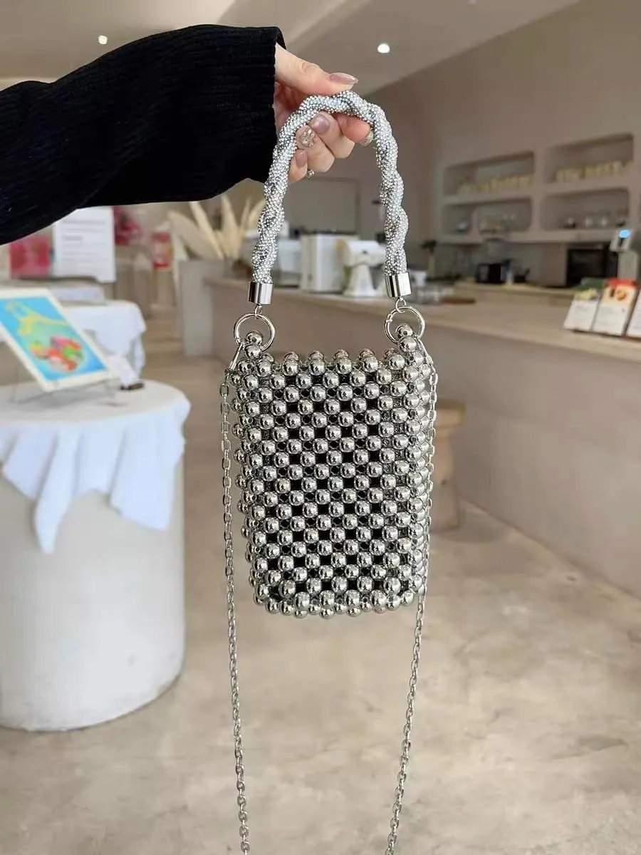 Acrylic Beaded Phone Bag with Detachable Metal Handle & Shoulder Strap Clutch Evening Bag for Wedding and Party