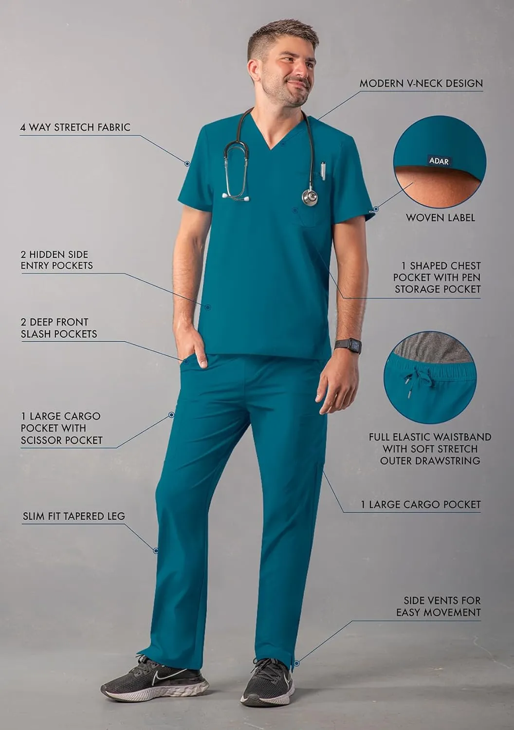 Adar Addition Go-Everyday Scrub Set for Men - Stylish Scrub Top & Cargo Scrub Pants