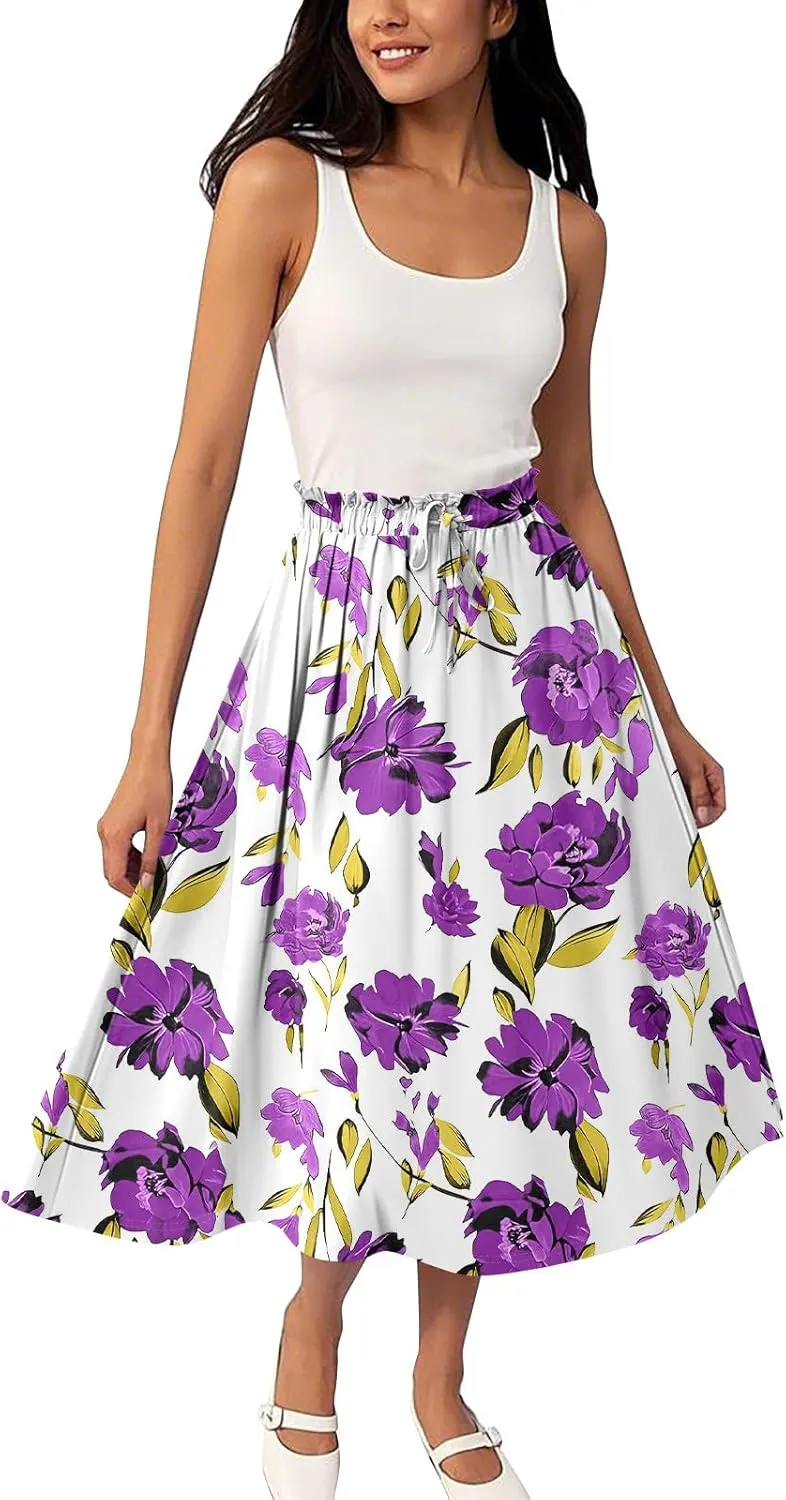 ADHOWBEW Maxi Skirts for Women Cute Casual Flowy Trendy Midi Length Ruffle High Waisted A Line Plus Size Beach Spring Skirts