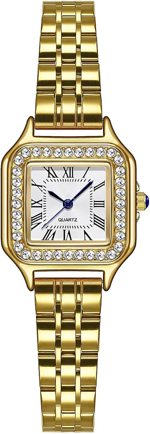 ADSBIAOYE Gold Watches for Women Dainty Square Vintage Watches Luxury Ladies Diamond Accent Dress Stainless Steel Bracelet Watch Analog Quartz Waterproof Watch