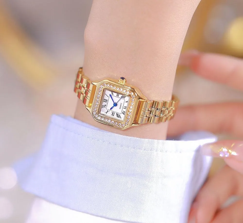 ADSBIAOYE Gold Watches for Women Dainty Square Vintage Watches Luxury Ladies Diamond Accent Dress Stainless Steel Bracelet Watch Analog Quartz Waterproof Watch