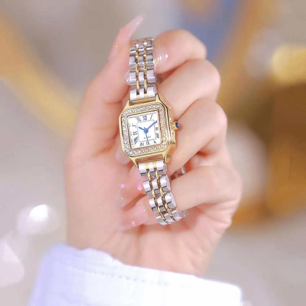 ADSBIAOYE Gold Watches for Women Dainty Square Vintage Watches Luxury Ladies Diamond Accent Dress Stainless Steel Bracelet Watch Analog Quartz Waterproof Watch