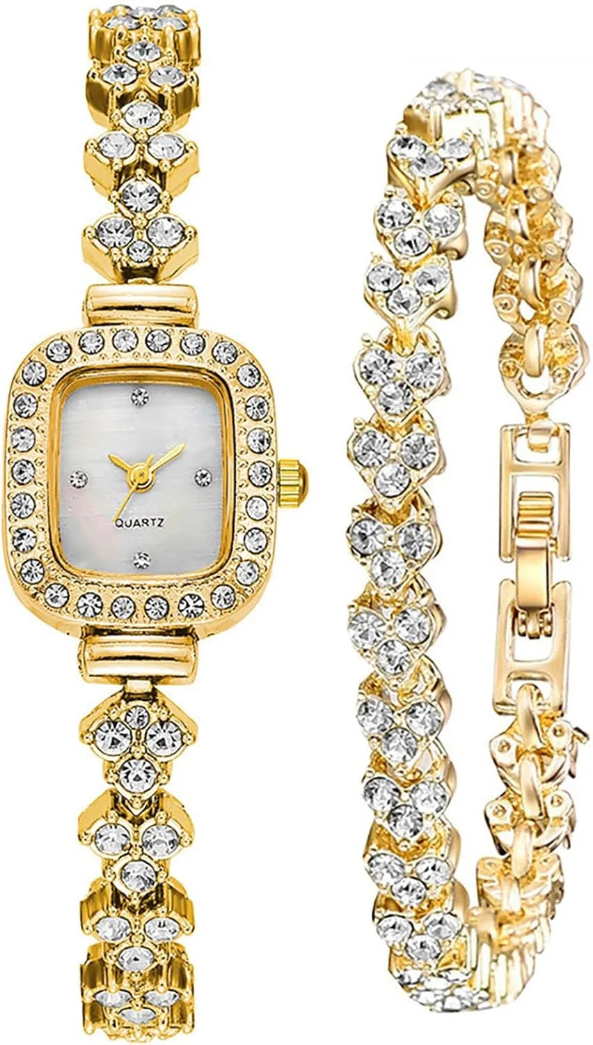 ADSBIAOYE Square Small Watches for Women Luxury Ladies Crystal Accented Bangle Watch and Bracelet Set Fashion Dress Quartz Watches for Women Gift (1 Gold)