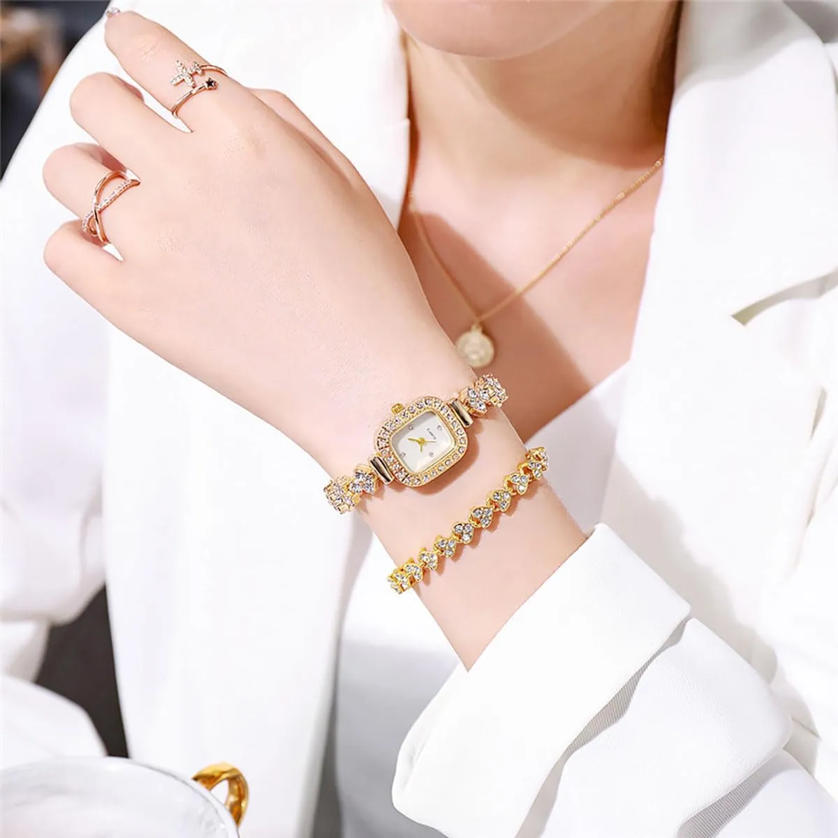 ADSBIAOYE Square Small Watches for Women Luxury Ladies Crystal Accented Bangle Watch and Bracelet Set Fashion Dress Quartz Watches for Women Gift (1 Gold)