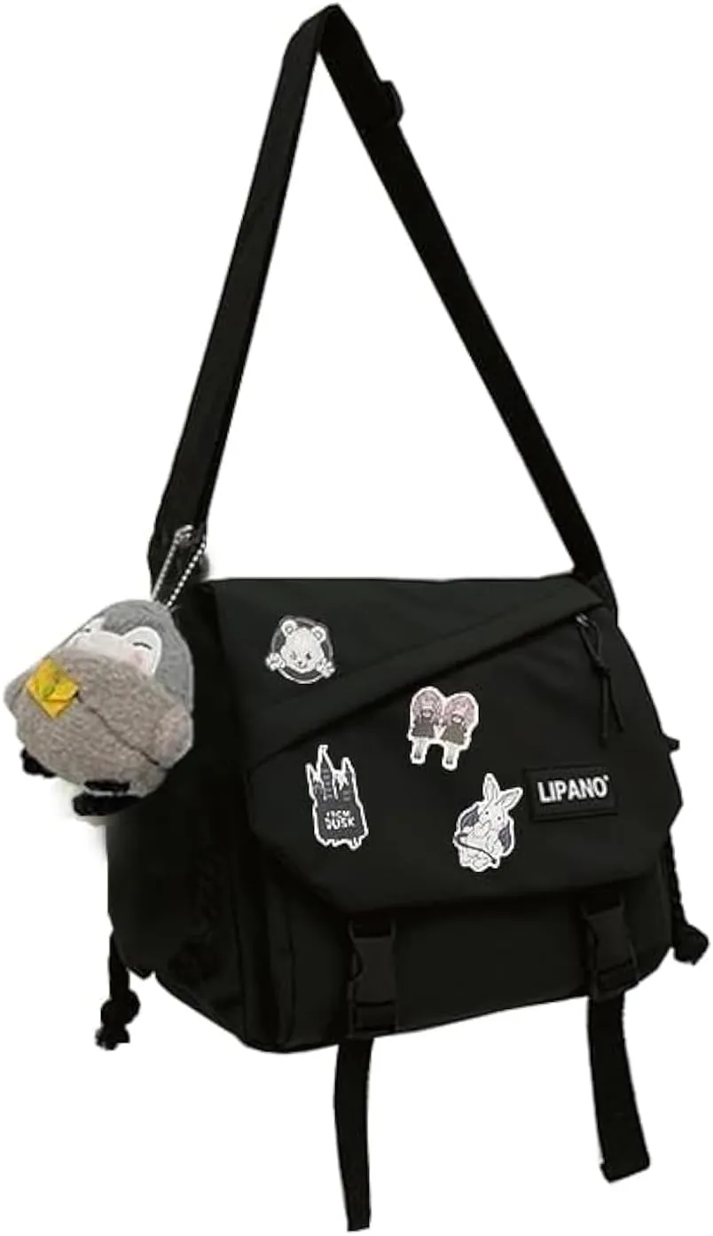 Aesthetic Crossbody Bag with Cute Pins and Ornament, Nylon Shoulder Messenger Bag Japanese Kawaii Bag for Women Men