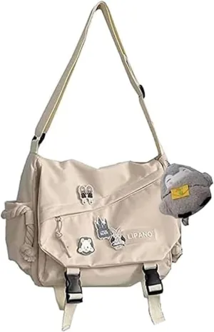 Aesthetic Crossbody Bag with Cute Pins and Ornament, Nylon Shoulder Messenger Bag Japanese Kawaii Bag for Women Men