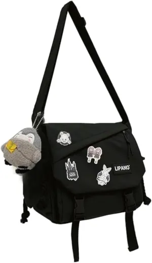 Aesthetic Crossbody Bag with Cute Pins and Ornament, Nylon Shoulder Messenger Bag Japanese Kawaii Bag for Women Men