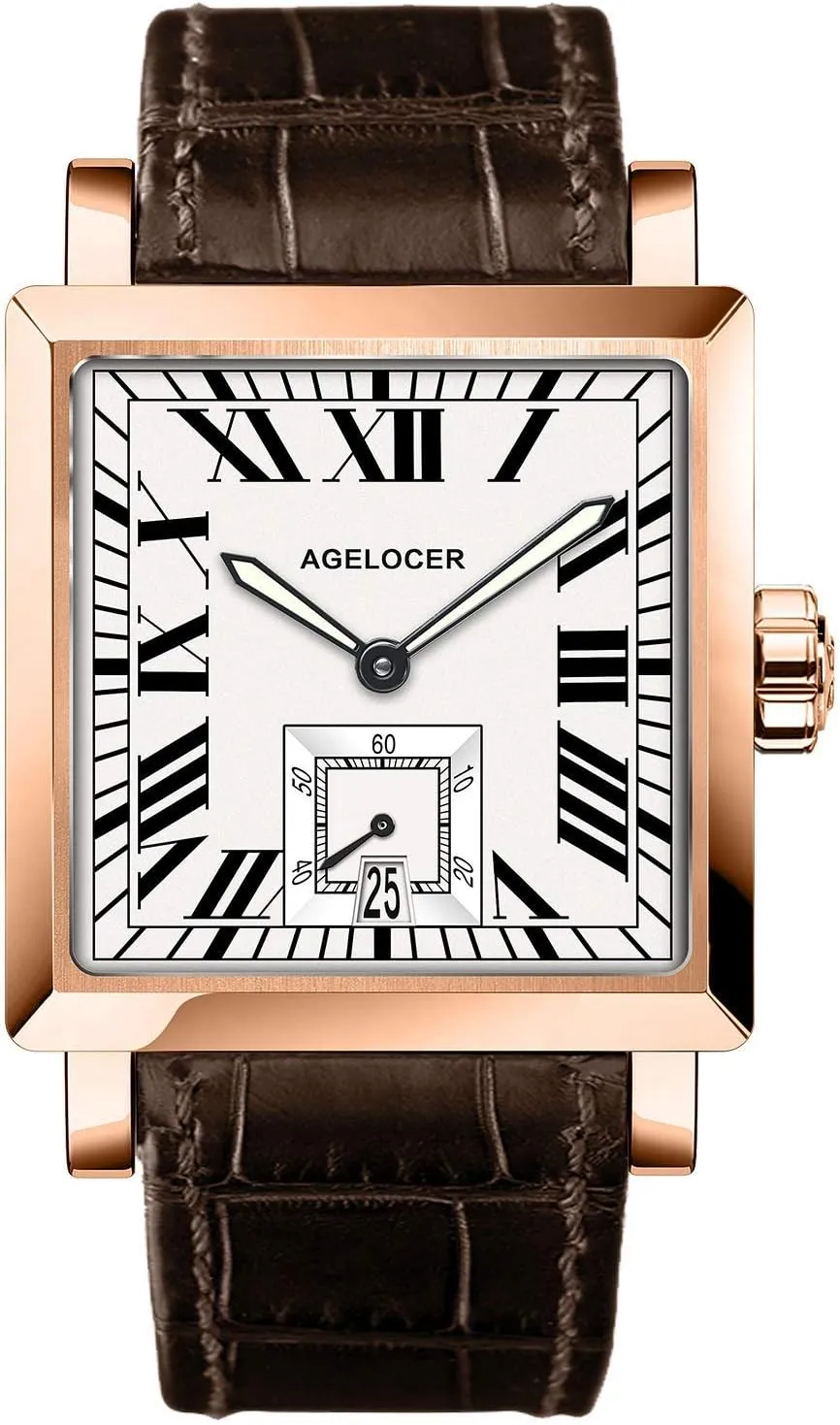 AGELOCER Mechanical Watch, Square Automatic Self Wind Men's Watch Calendar Luminous Retro Rome Dial Men's Wrist Watches