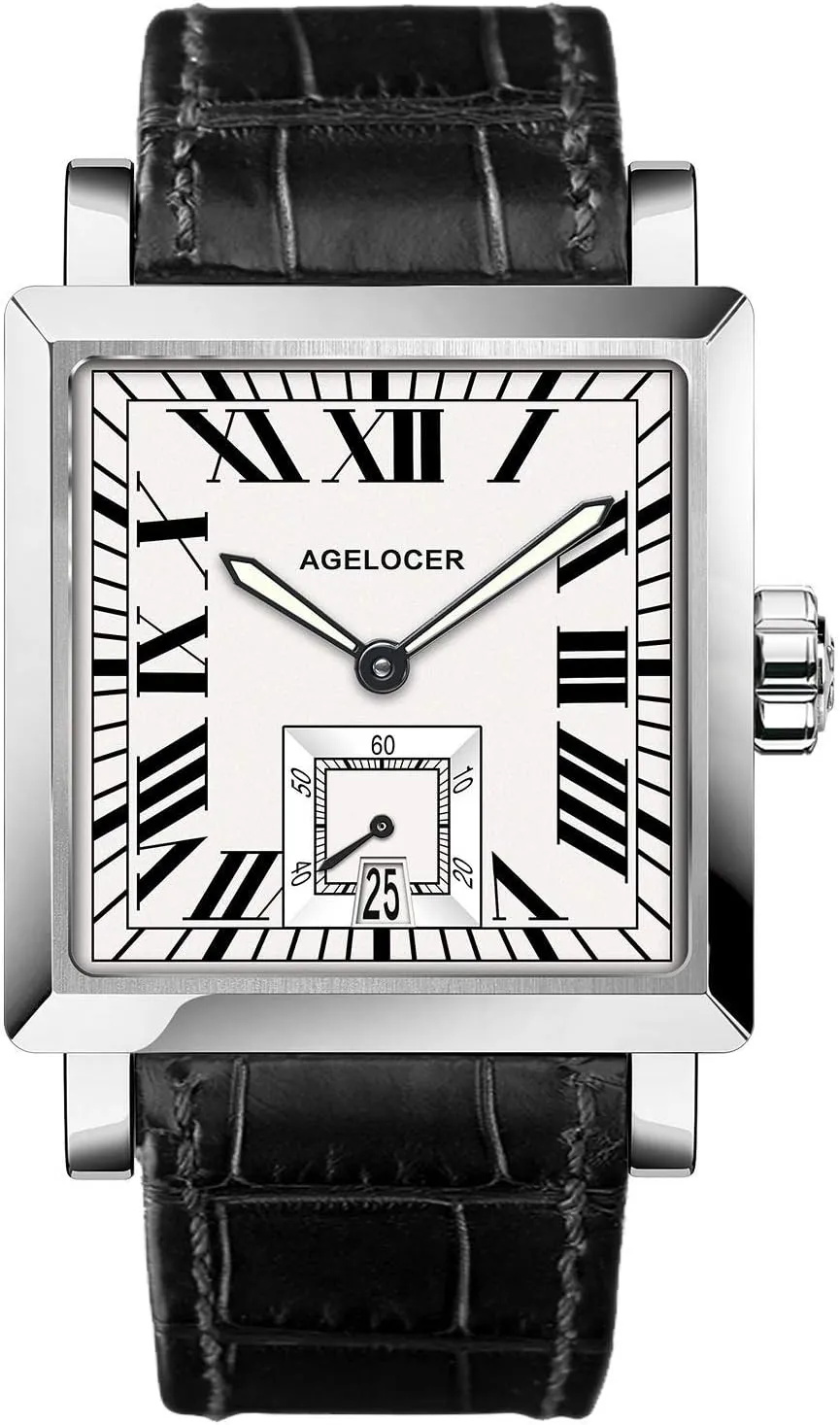 AGELOCER Mechanical Watch, Square Automatic Self Wind Men's Watch Calendar Luminous Retro Rome Dial Men's Wrist Watches