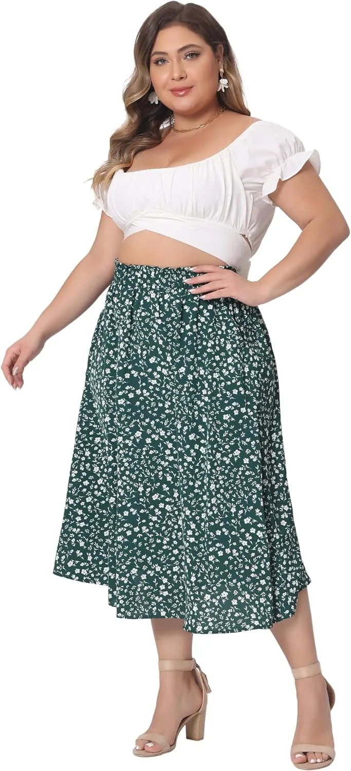 Agnes Orinda Plus Size Printed Skirt for Women Chiffon Elastic Waist Flowy Midi Skirts with Pockets