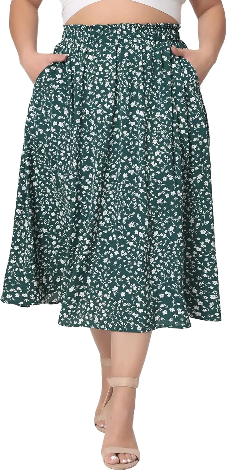 Agnes Orinda Plus Size Printed Skirt for Women Chiffon Elastic Waist Flowy Midi Skirts with Pockets