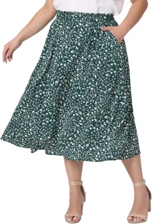 Agnes Orinda Plus Size Printed Skirt for Women Chiffon Elastic Waist Flowy Midi Skirts with Pockets