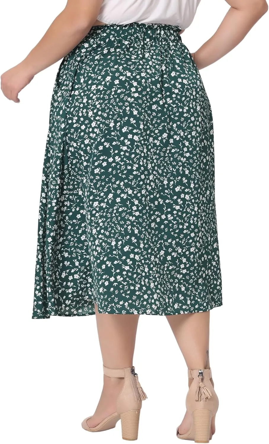 Agnes Orinda Plus Size Printed Skirt for Women Chiffon Elastic Waist Flowy Midi Skirts with Pockets