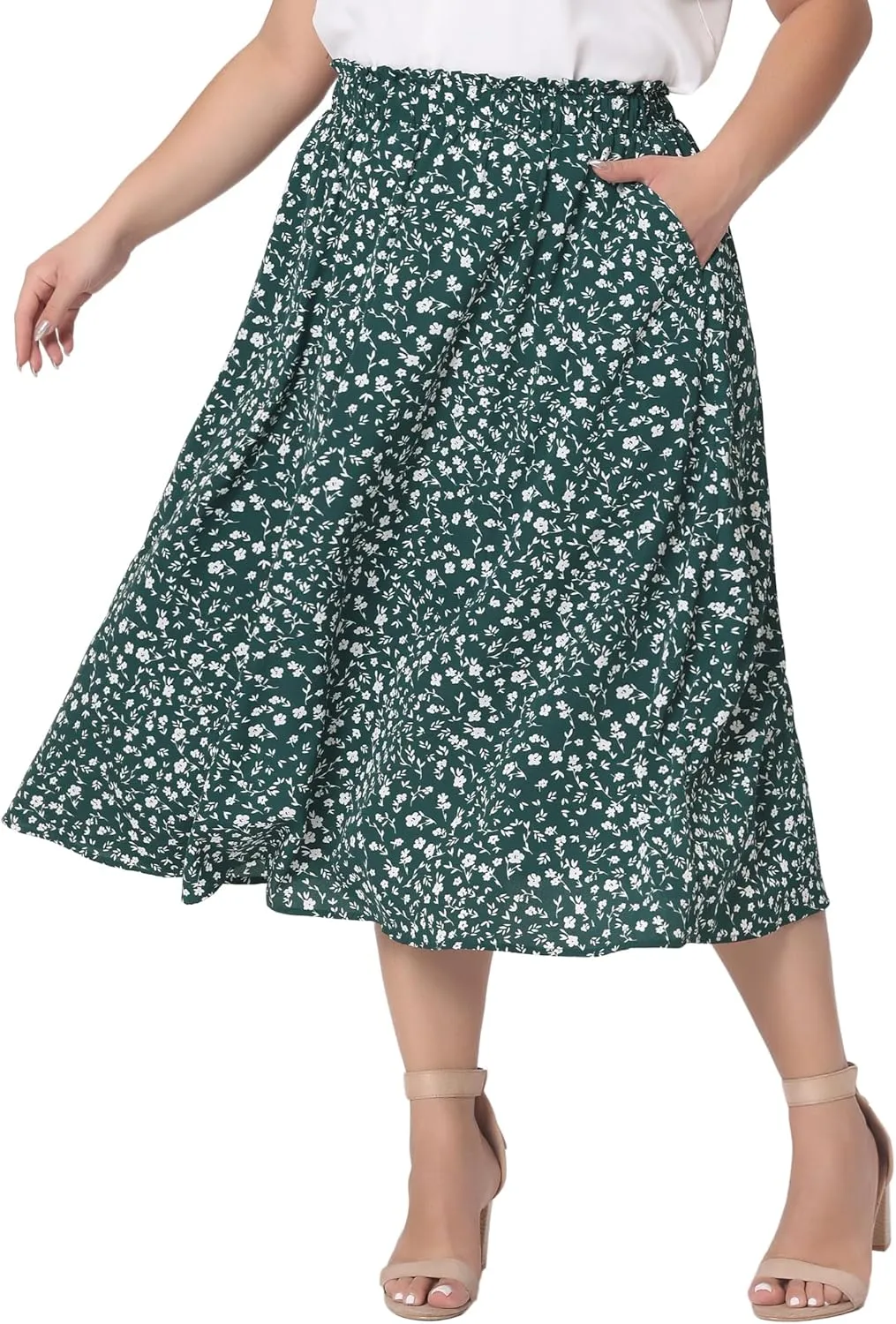 Agnes Orinda Plus Size Printed Skirt for Women Chiffon Elastic Waist Flowy Midi Skirts with Pockets