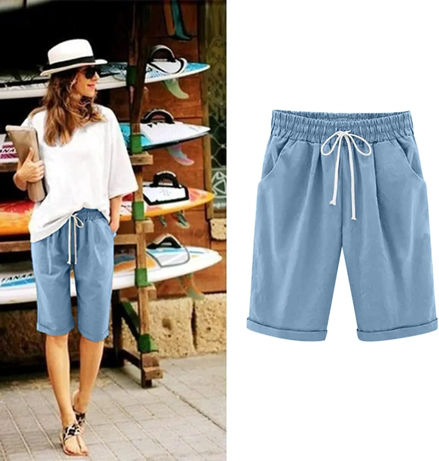 aihihe Womens Summer Linen Shorts Loose Fit Elastic Waist Bermuda Shorts Plus Size Knee Length Casual Beach Shorts