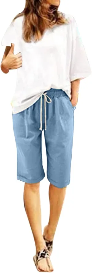 aihihe Womens Summer Linen Shorts Loose Fit Elastic Waist Bermuda Shorts Plus Size Knee Length Casual Beach Shorts