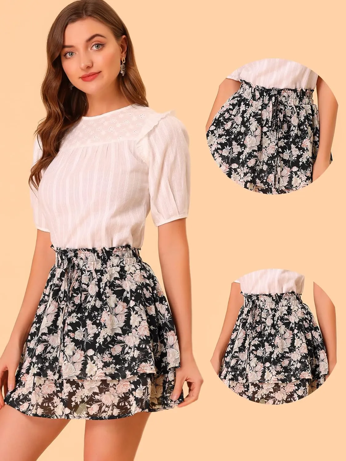 Allegra K 2024 Summer Floral Skirts for Women's Smocked Waist Ruffle Hem Layered Mini Chiffon Skirt