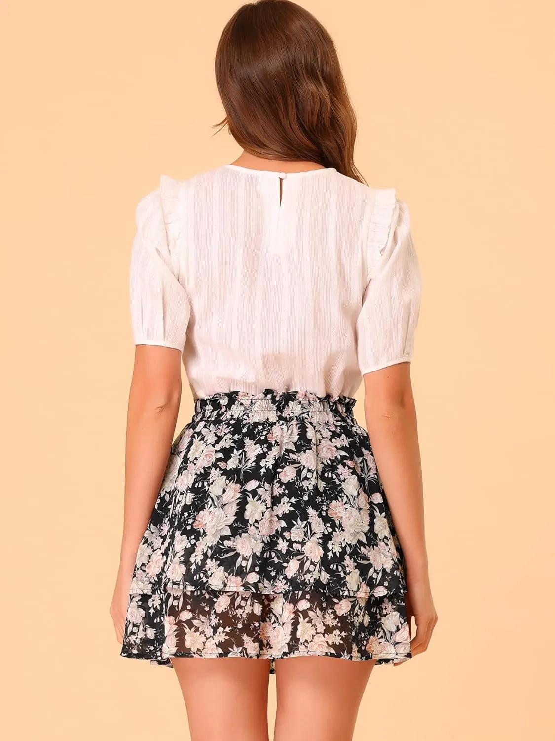 Allegra K 2024 Summer Floral Skirts for Women's Smocked Waist Ruffle Hem Layered Mini Chiffon Skirt