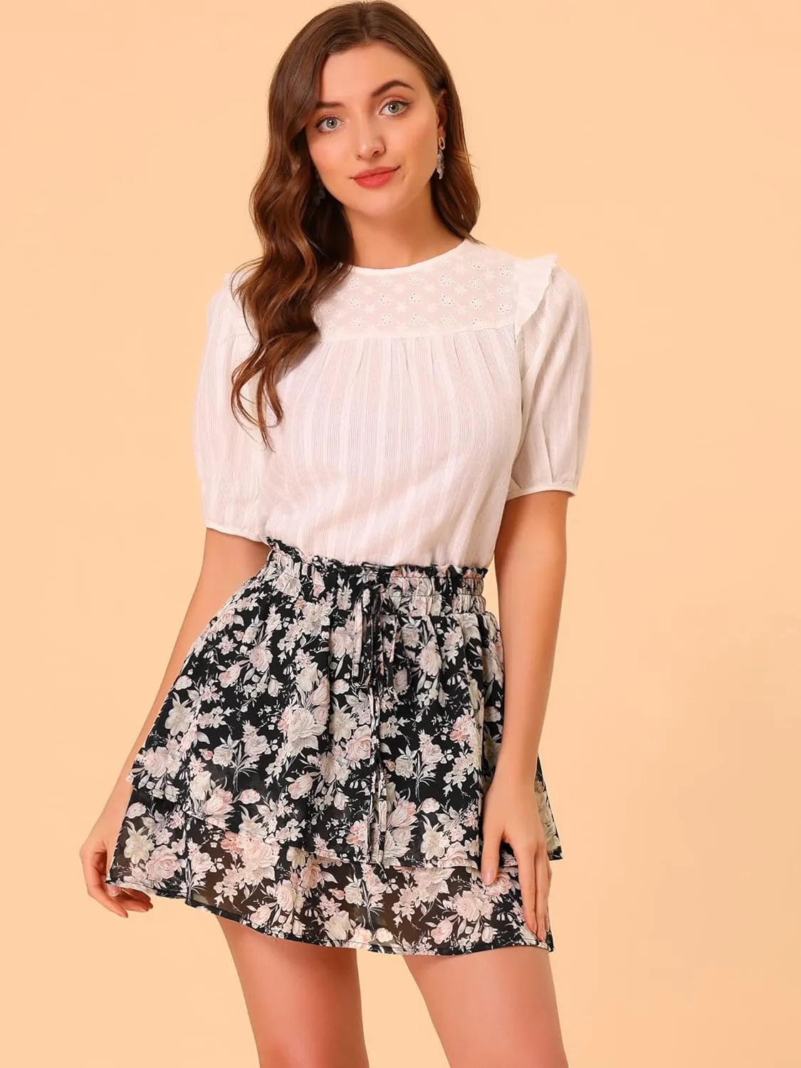 Allegra K 2024 Summer Floral Skirts for Women's Smocked Waist Ruffle Hem Layered Mini Chiffon Skirt