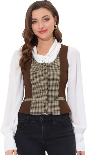 Allegra K Vintage Waistcoat Vest for Women's Plaid Button Down Work Dressy Vests