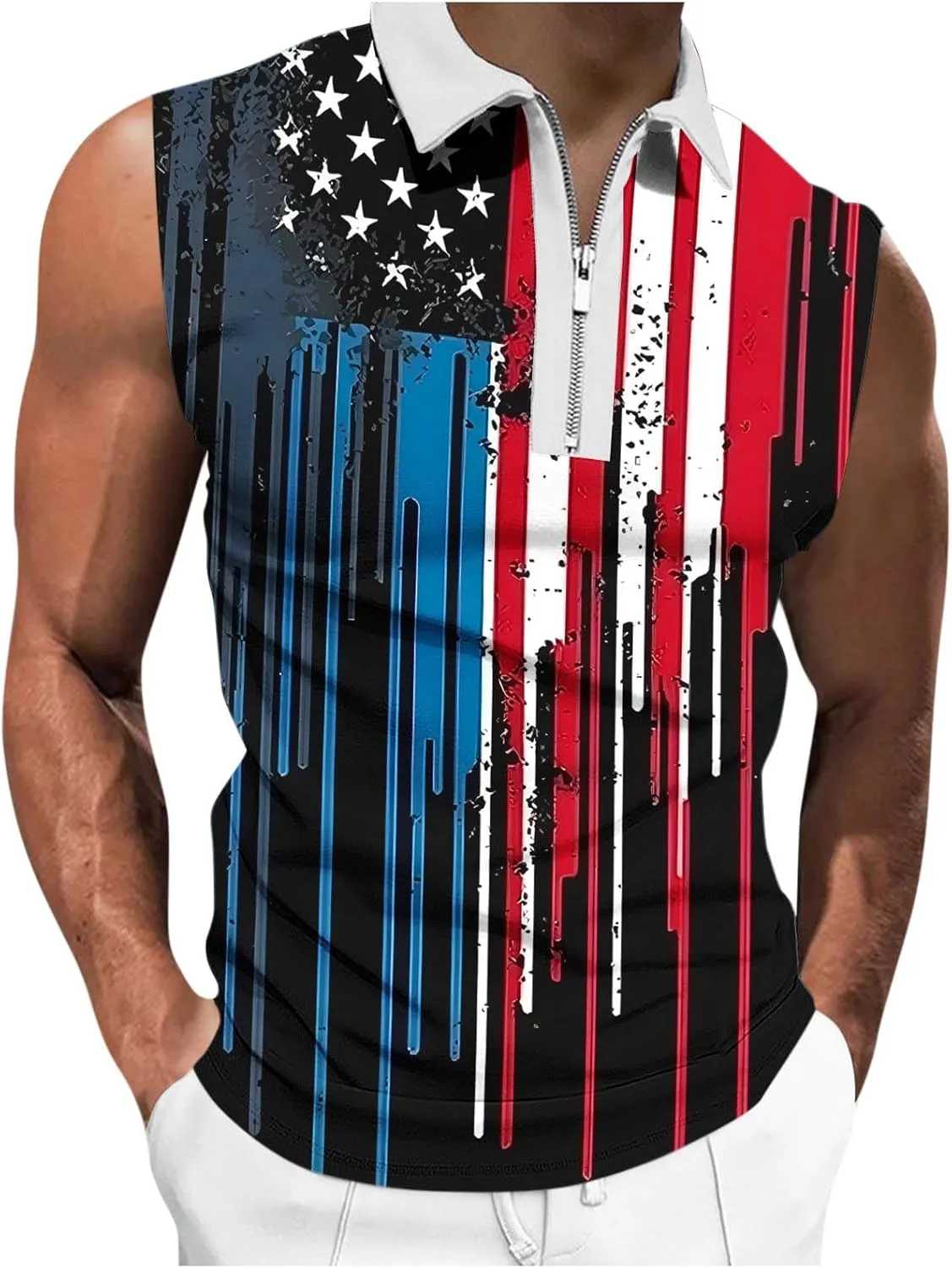 American Flag Striped Tank Tops Mens Sleeveless Shirts Casual Quarter Zip Collared Dressy Top USA Patriotic Vintage Tees