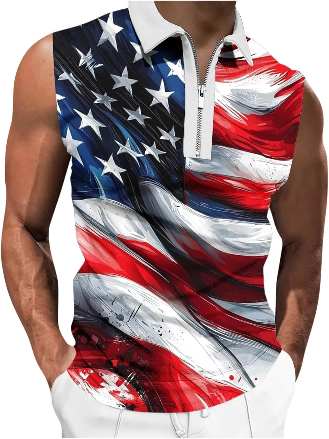 American Flag Striped Tank Tops Mens Sleeveless Shirts Casual Quarter Zip Collared Dressy Top USA Patriotic Vintage Tees