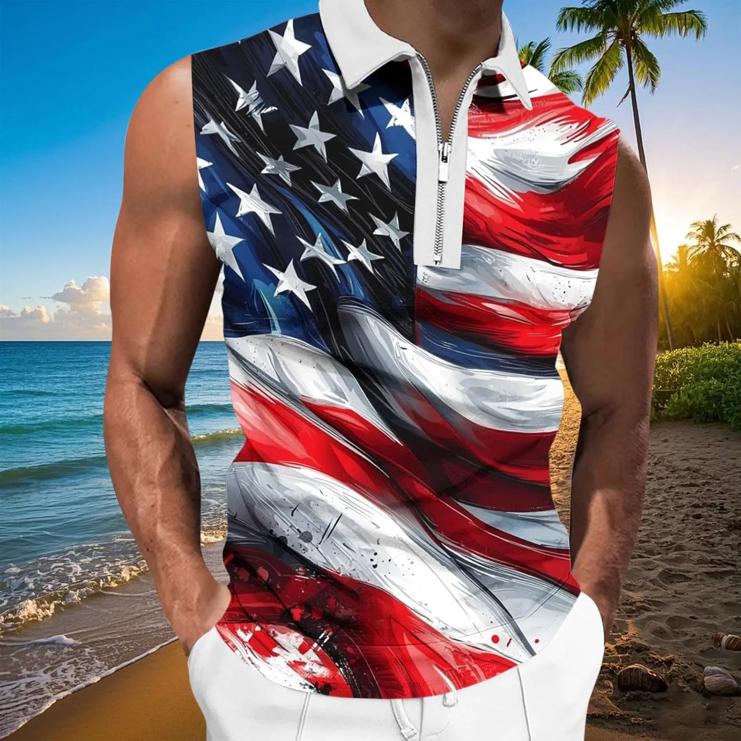 American Flag Striped Tank Tops Mens Sleeveless Shirts Casual Quarter Zip Collared Dressy Top USA Patriotic Vintage Tees