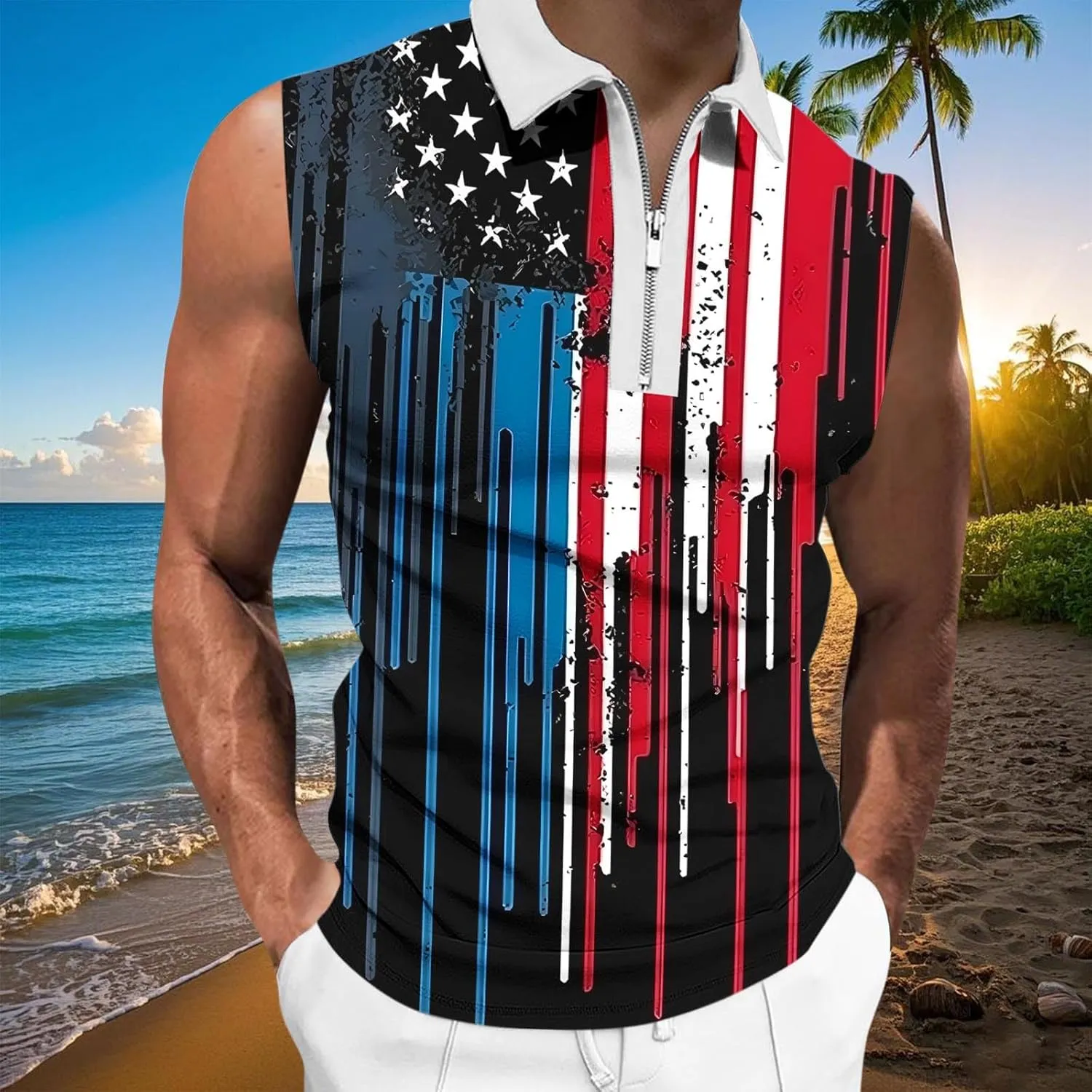 American Flag Striped Tank Tops Mens Sleeveless Shirts Casual Quarter Zip Collared Dressy Top USA Patriotic Vintage Tees