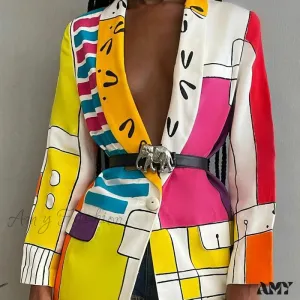 Amy Fashion - Shawl Lapel Long Sleeve Abstract Blazer