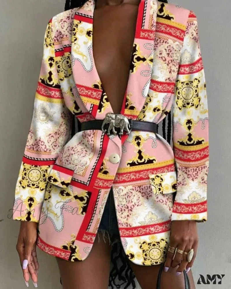 Amy Fashion - Shawl Lapel Long Sleeve Abstract Blazer