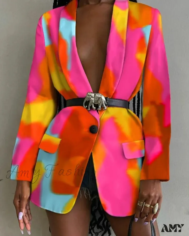Amy Fashion - Shawl Lapel Long Sleeve Abstract Blazer