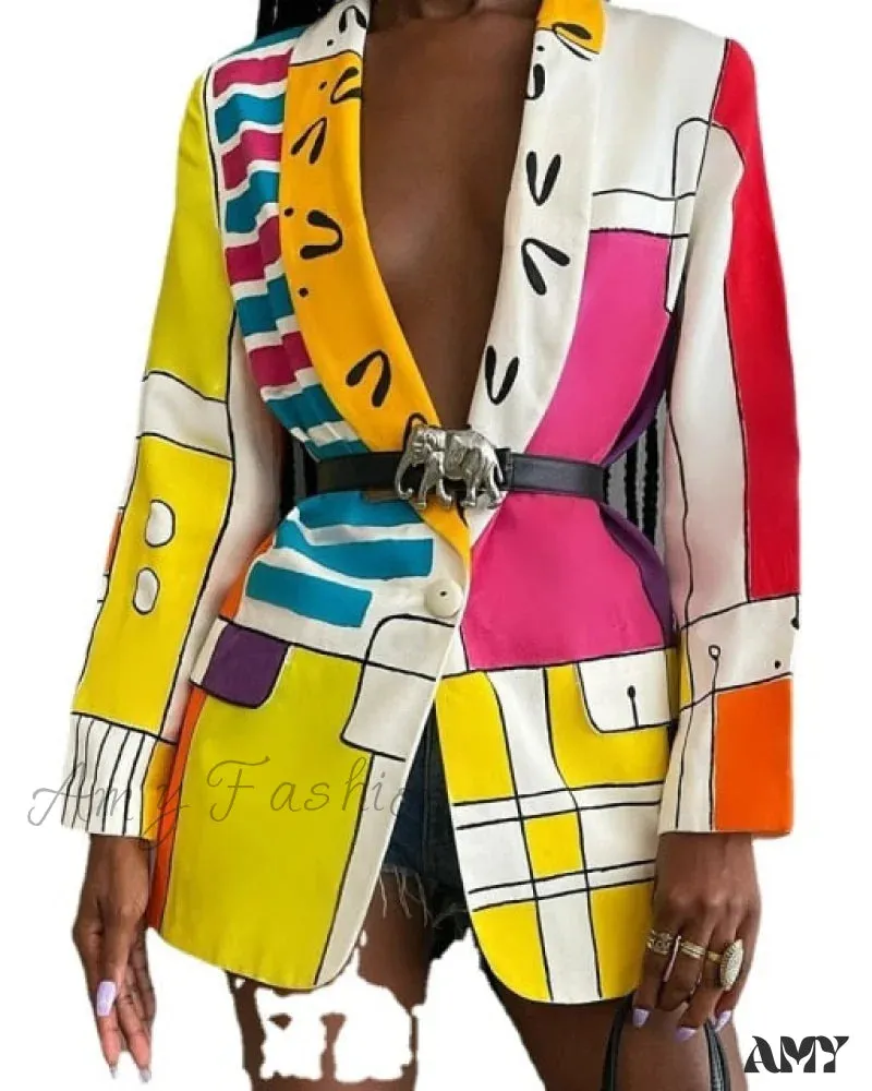 Amy Fashion - Shawl Lapel Long Sleeve Abstract Blazer