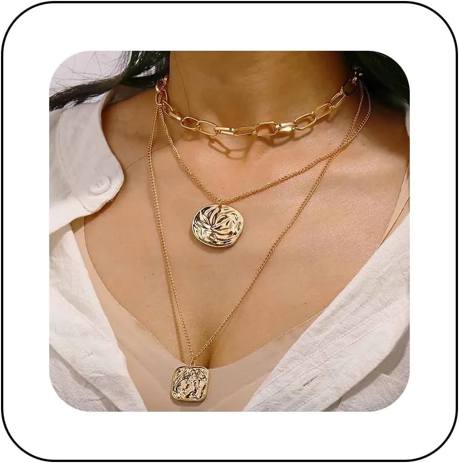 Andelaisi Boho Layered Square Pendant Necklace Vintage Hammered Square Choker Necklace Gold Coin Paperclip Chain Necklace Multilayered Geometric Square Necklace Jewelry For Women