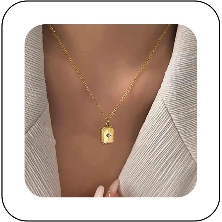 Andelaisi Boho Square Pendant Necklace Vintage Crystal Star Square Necklace Gold Square Choker Necklace Adjustable Geometric Square Chain Necklace Jewelry for Women