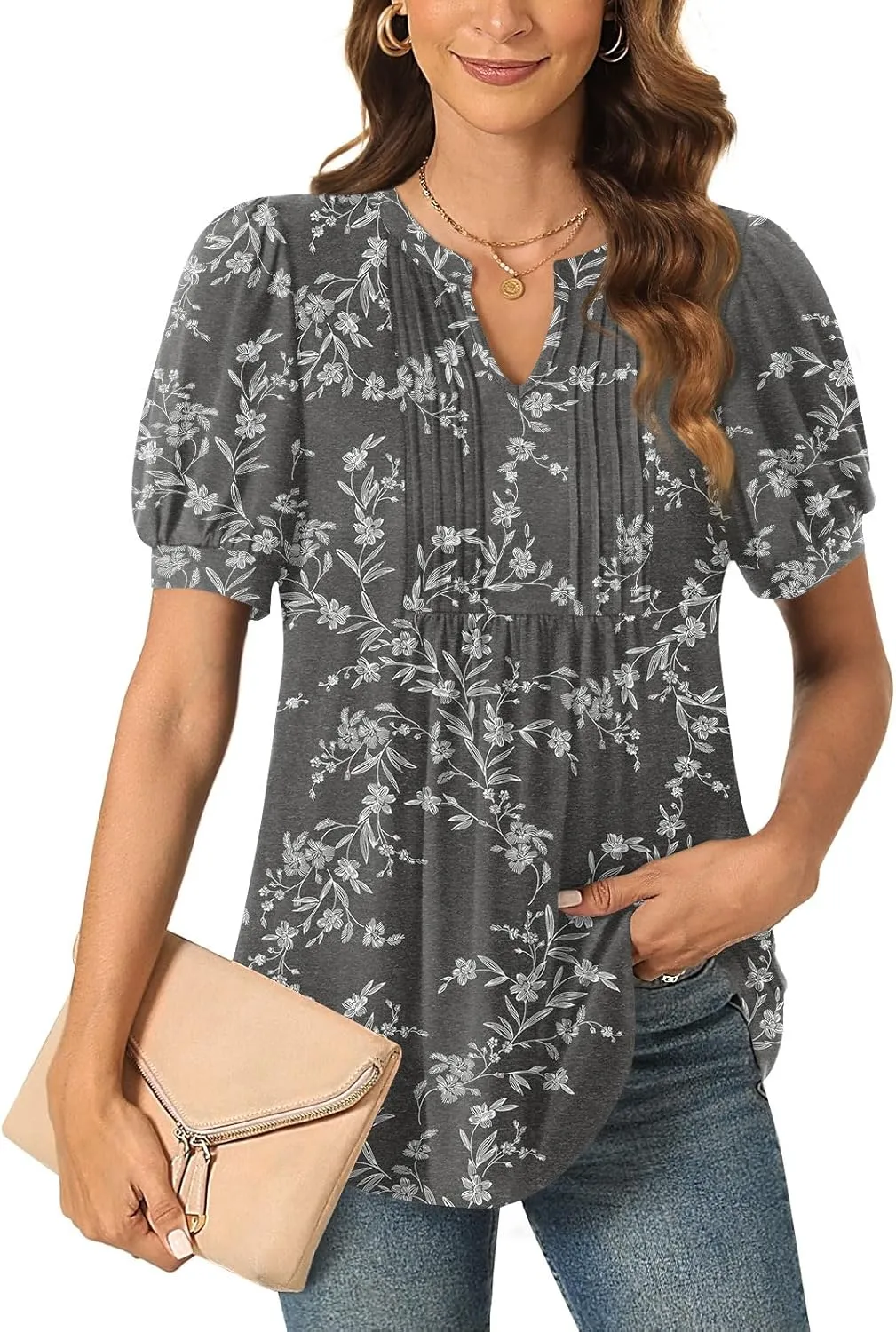 Anyally Womens Summer/Spring Dressy Casual Blouse Puff Short Sleeve Tunic Tops Pleated T-Shirts for Work
