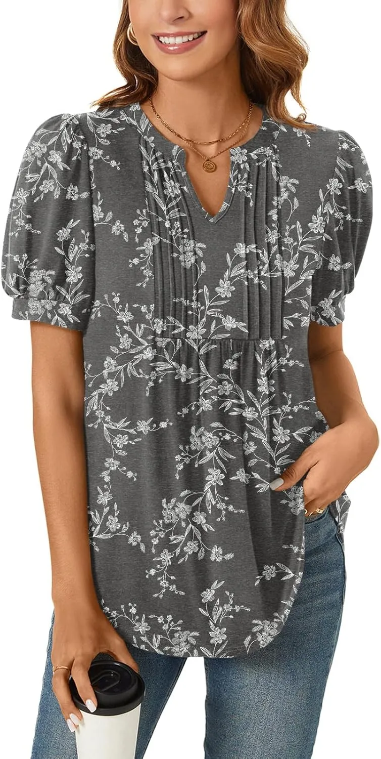 Anyally Womens Summer/Spring Dressy Casual Blouse Puff Short Sleeve Tunic Tops Pleated T-Shirts for Work