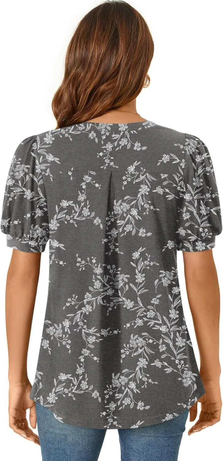 Anyally Womens Summer/Spring Dressy Casual Blouse Puff Short Sleeve Tunic Tops Pleated T-Shirts for Work