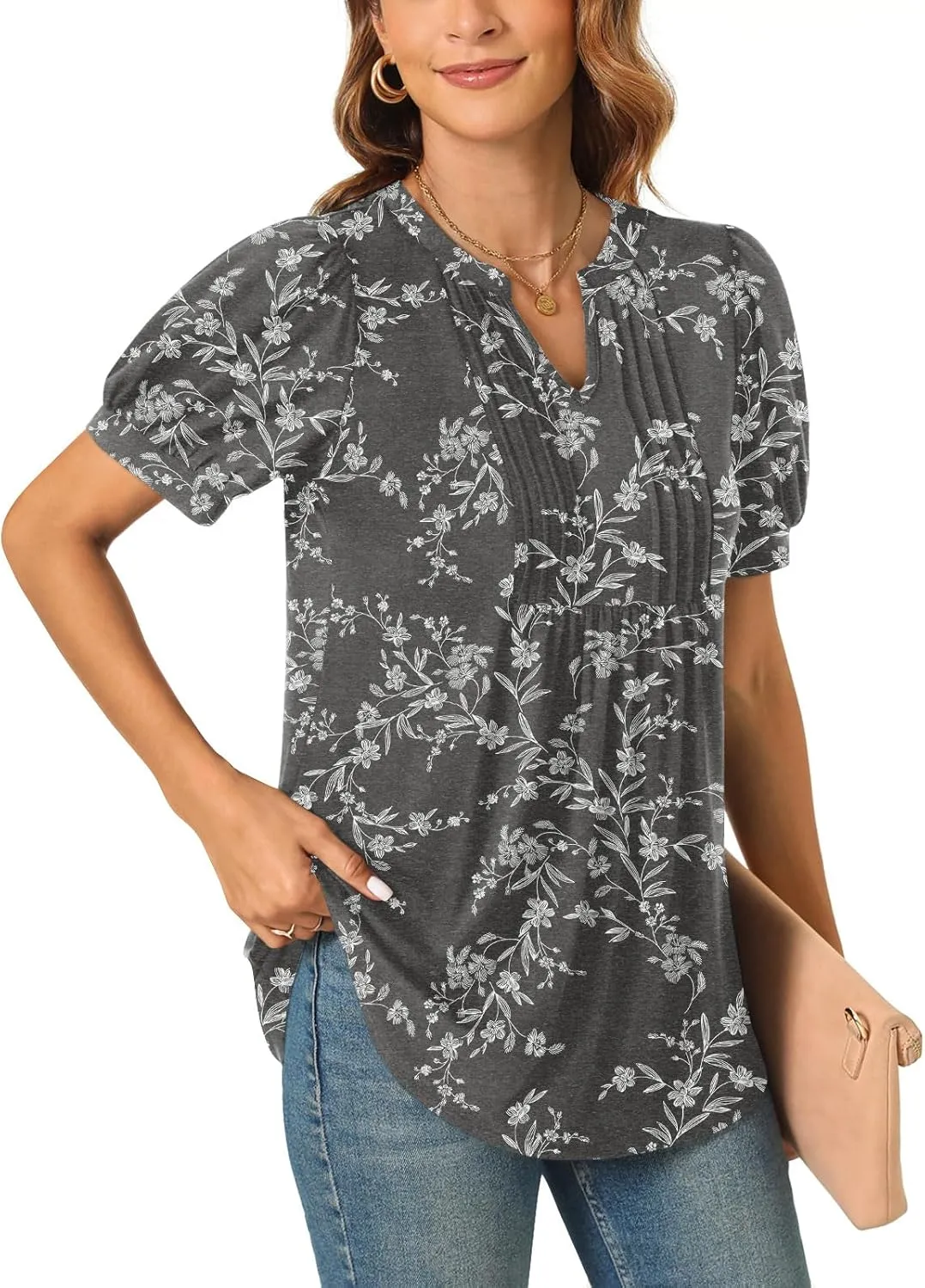 Anyally Womens Summer/Spring Dressy Casual Blouse Puff Short Sleeve Tunic Tops Pleated T-Shirts for Work