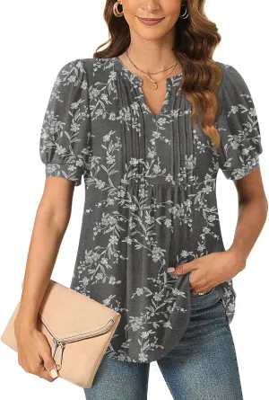 Anyally Womens Summer/Spring Dressy Casual Blouse Puff Short Sleeve Tunic Tops Pleated T-Shirts for Work