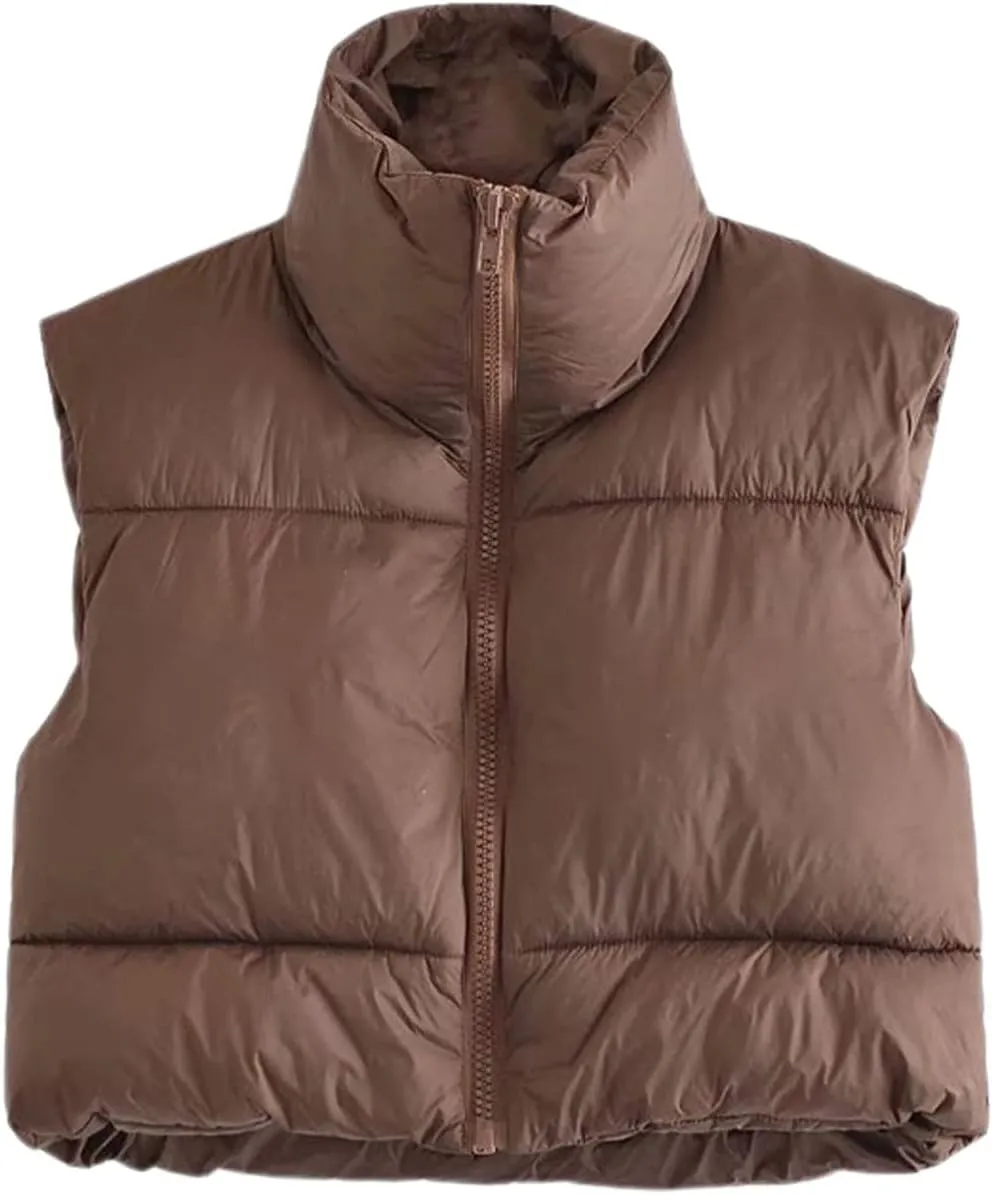 Athlisan Womens Cropped Puffer Vest Zip Up Stand Collar Sleeveless Padded Crop Vests