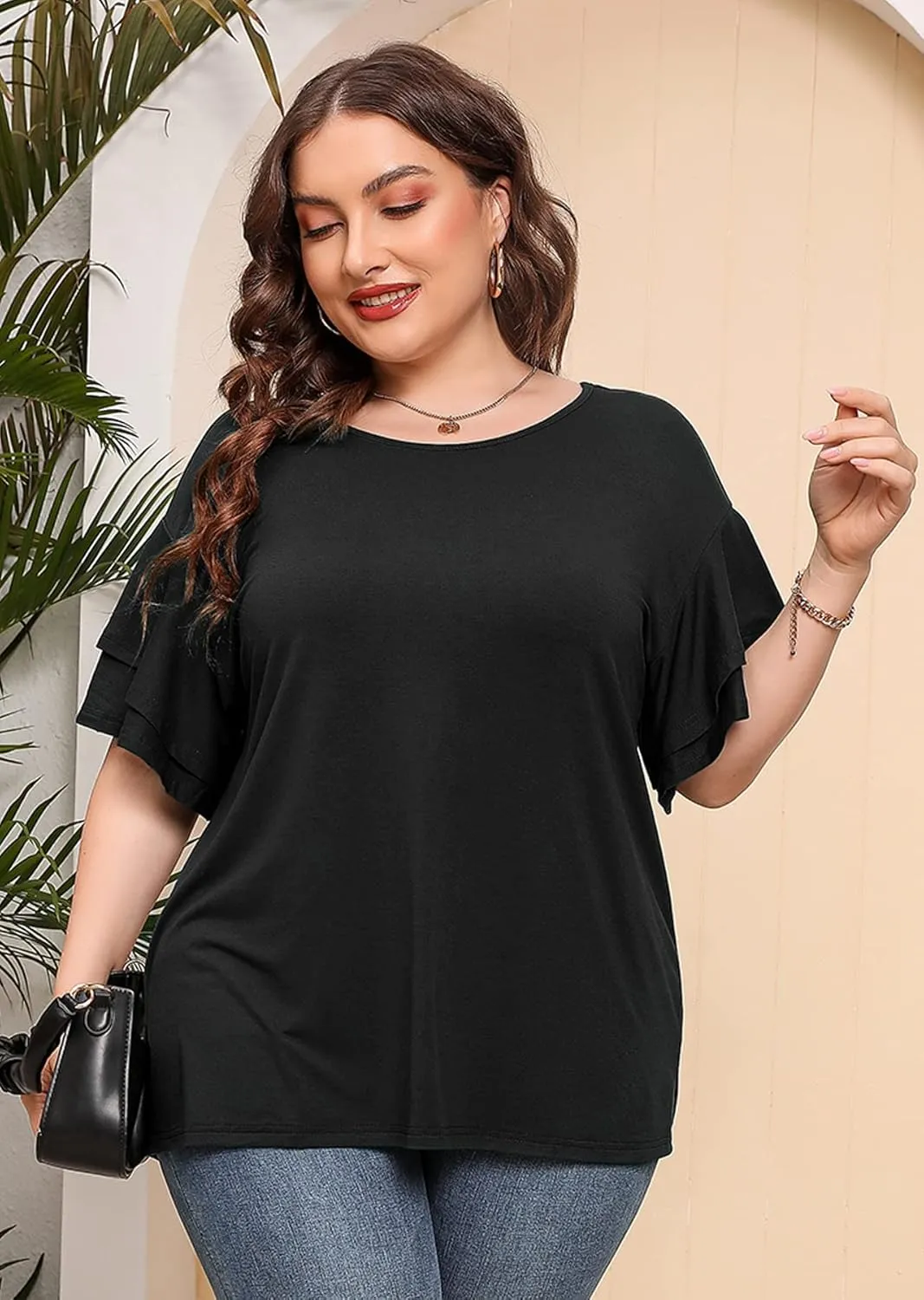 AusLook Plus Size Tunic for Women Double Ruffle Short Sleeve Clothes Loose Fit Clothing Flowy Shirts Summer Tops