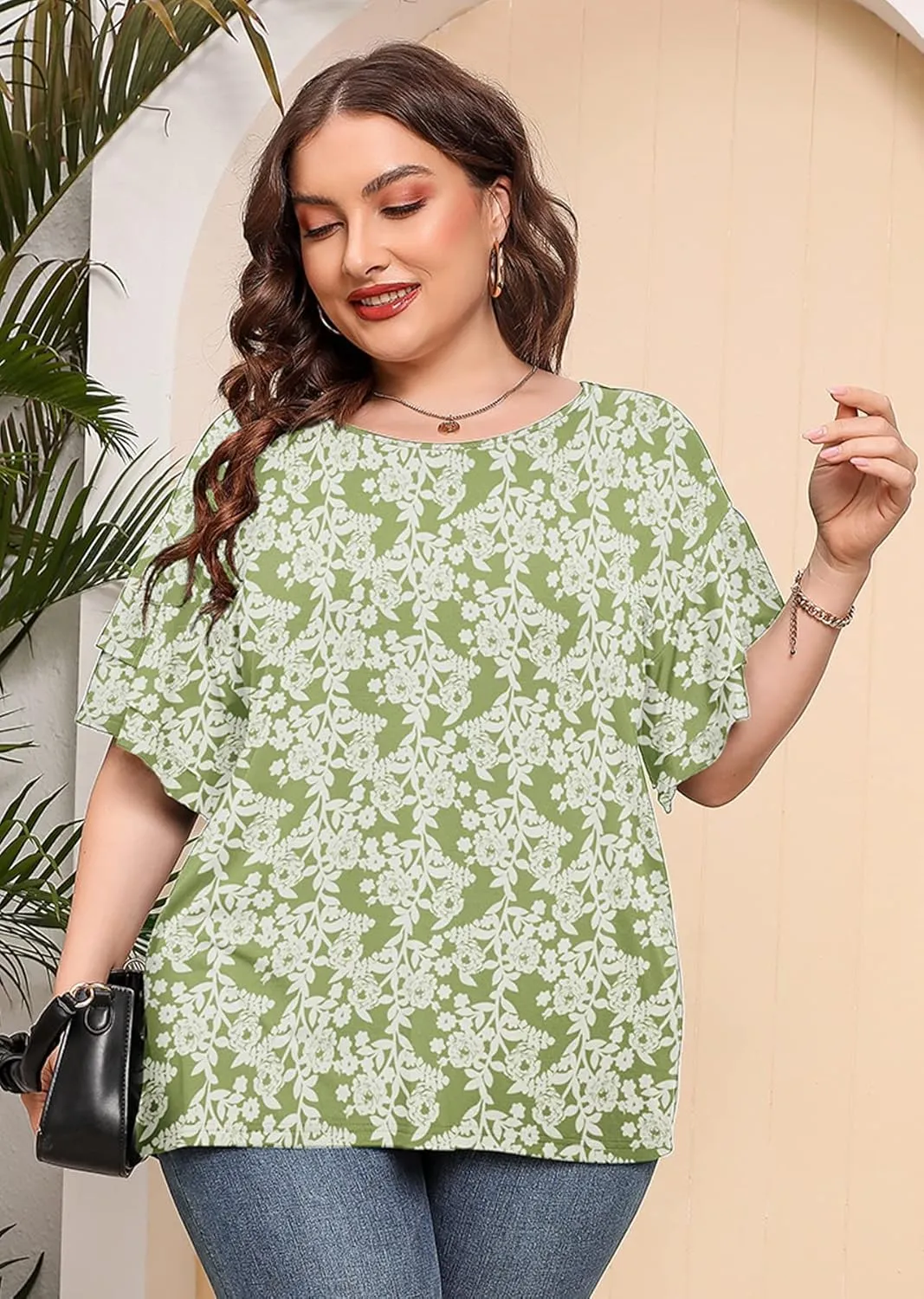 AusLook Plus Size Tunic for Women Double Ruffle Short Sleeve Clothes Loose Fit Clothing Flowy Shirts Summer Tops