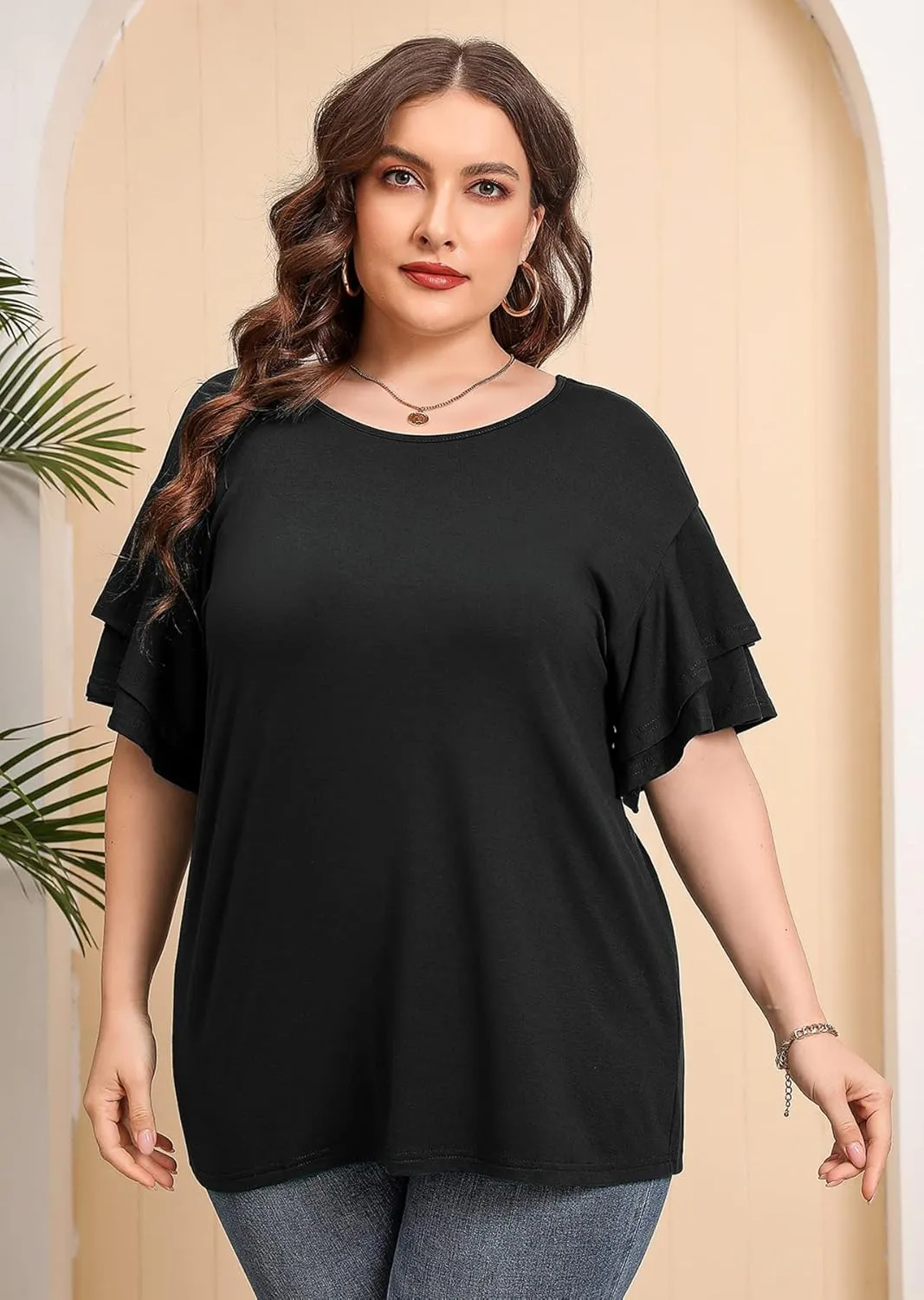 AusLook Plus Size Tunic for Women Double Ruffle Short Sleeve Clothes Loose Fit Clothing Flowy Shirts Summer Tops
