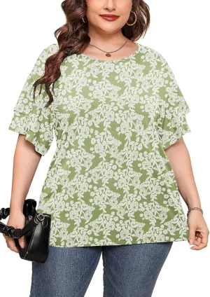 AusLook Plus Size Tunic for Women Double Ruffle Short Sleeve Clothes Loose Fit Clothing Flowy Shirts Summer Tops