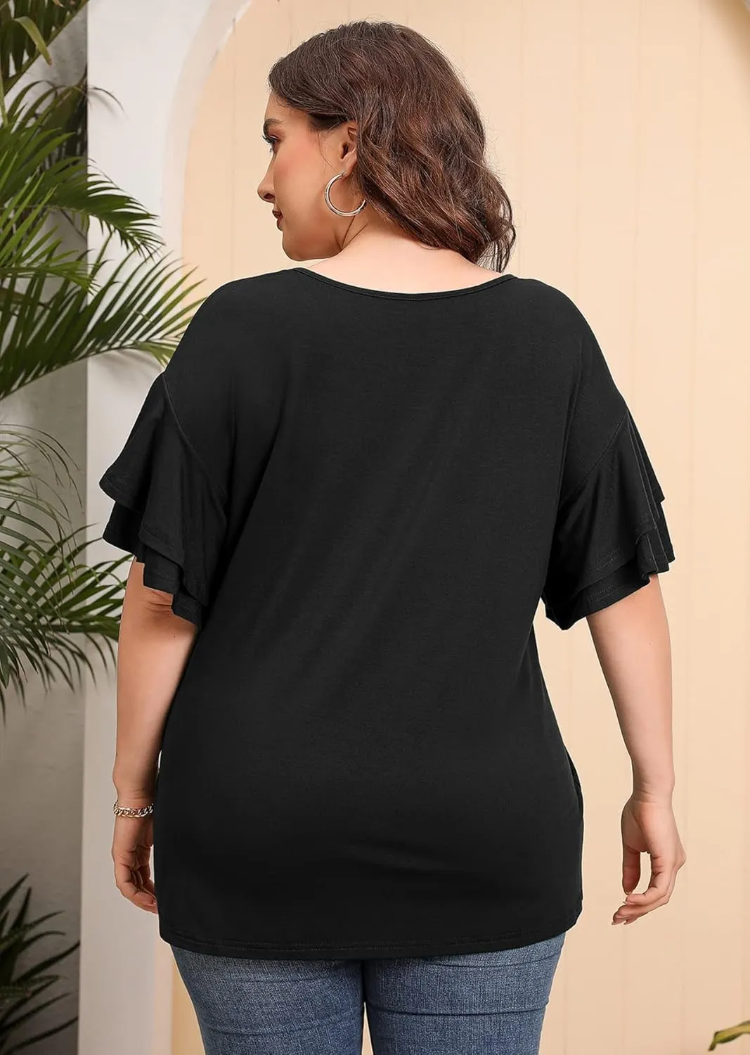 AusLook Plus Size Tunic for Women Double Ruffle Short Sleeve Clothes Loose Fit Clothing Flowy Shirts Summer Tops
