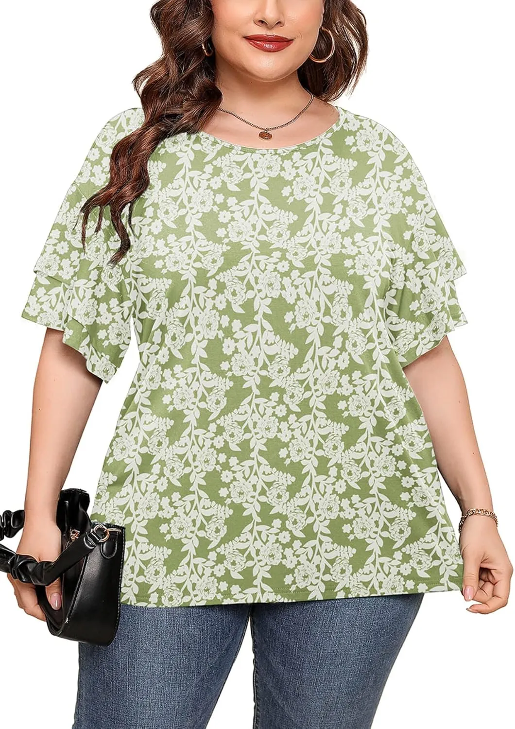 AusLook Plus Size Tunic for Women Double Ruffle Short Sleeve Clothes Loose Fit Clothing Flowy Shirts Summer Tops