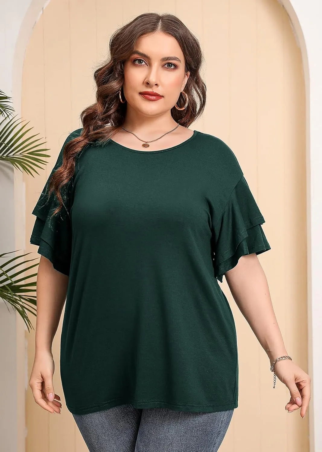 AusLook Plus Size Tunic for Women Double Ruffle Short Sleeve Clothes Loose Fit Clothing Flowy Shirts Summer Tops