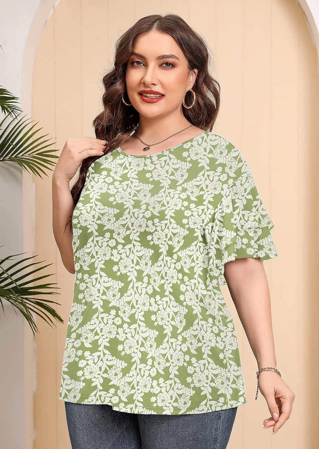 AusLook Plus Size Tunic for Women Double Ruffle Short Sleeve Clothes Loose Fit Clothing Flowy Shirts Summer Tops